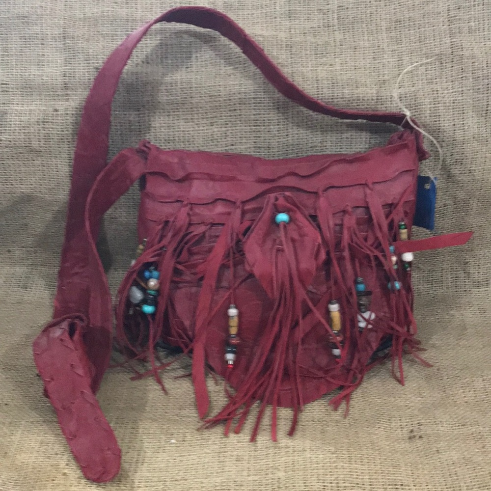 Red leather fringe beaded BOHO bag purse festival native western NFR rodeo NEW